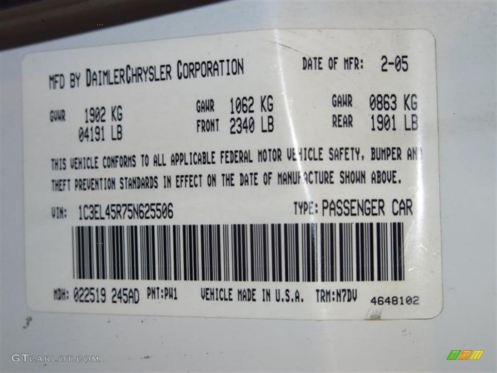 2005 Sebring Color Code PW1 for Stone White Photo #81718212