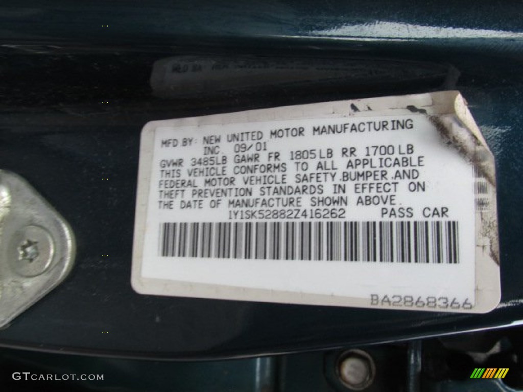 2002 Chevrolet Prizm Standard Prizm Model Info Tag Photos