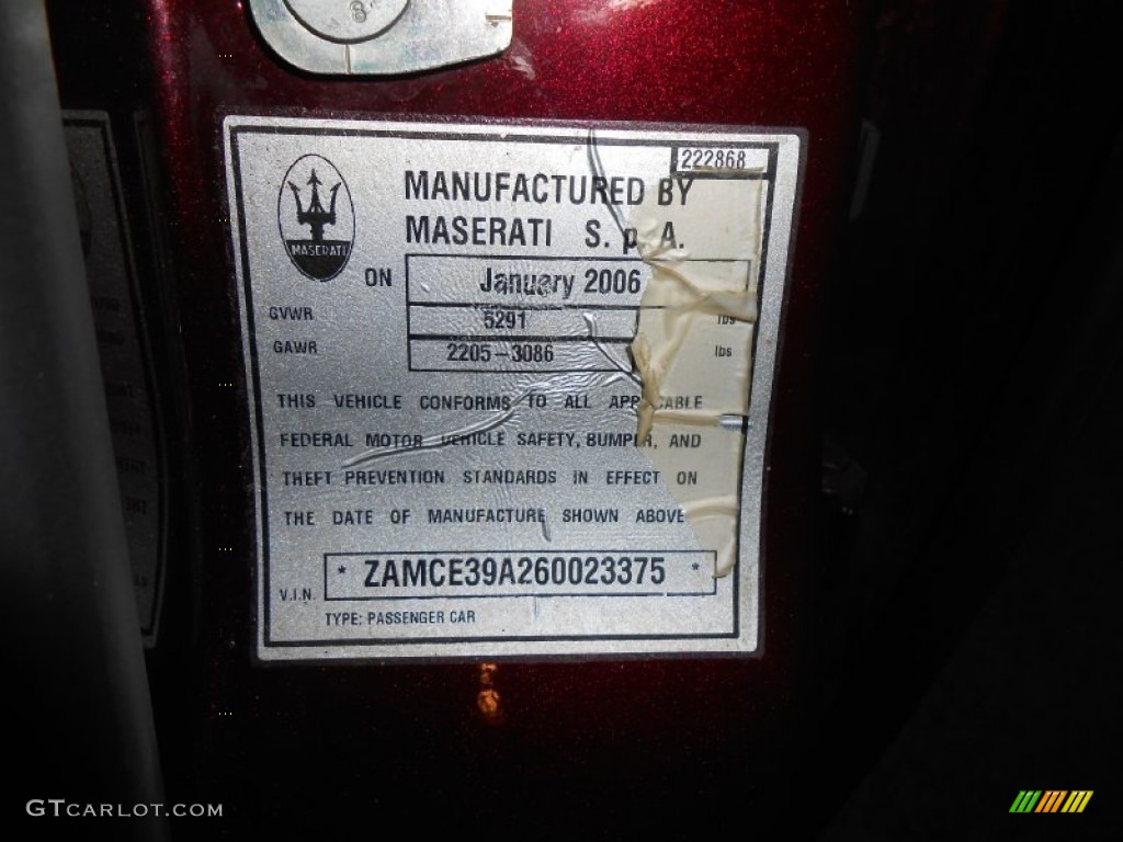 2006 Maserati Quattroporte Standard Quattroporte Model Info Tag Photo #81759280