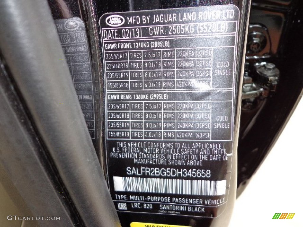 2013 LR2 Color Code 820 for Santorini Black Metallic Photo #81768597