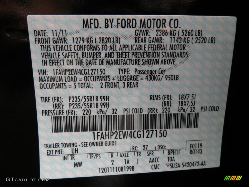 2012 Ford Taurus SEL Color Code Photos
