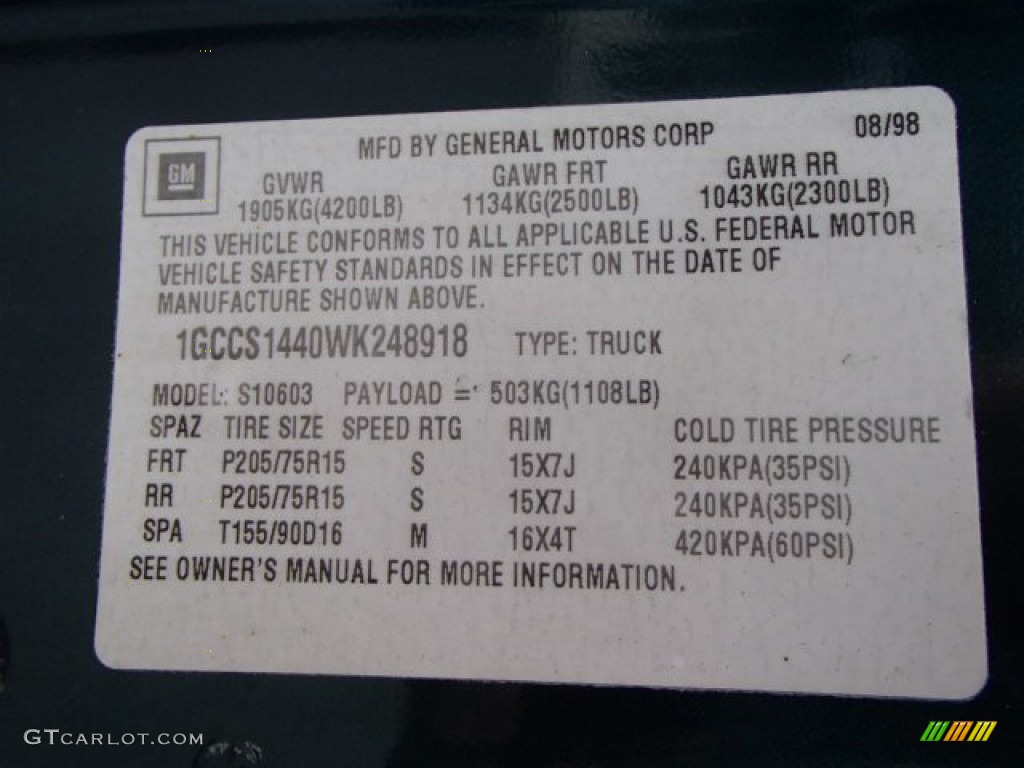 1998 Chevrolet S10 LS Regular Cab Info Tag Photo #81780860