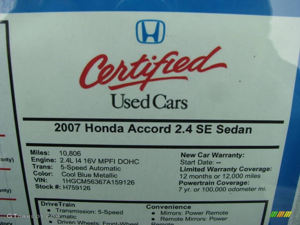 2007 Accord SE Sedan - Cool Blue Metallic / Gray photo #10