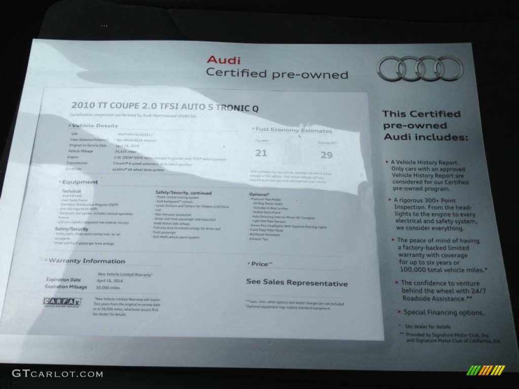 2010 Audi TT 2.0 TFSI quattro Coupe Window Sticker Photo #81808890