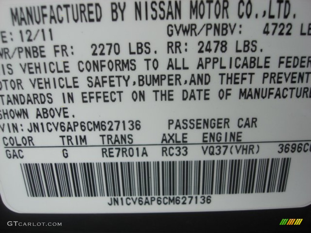 2012 Infiniti G 37 Journey Sedan Color Code Photos