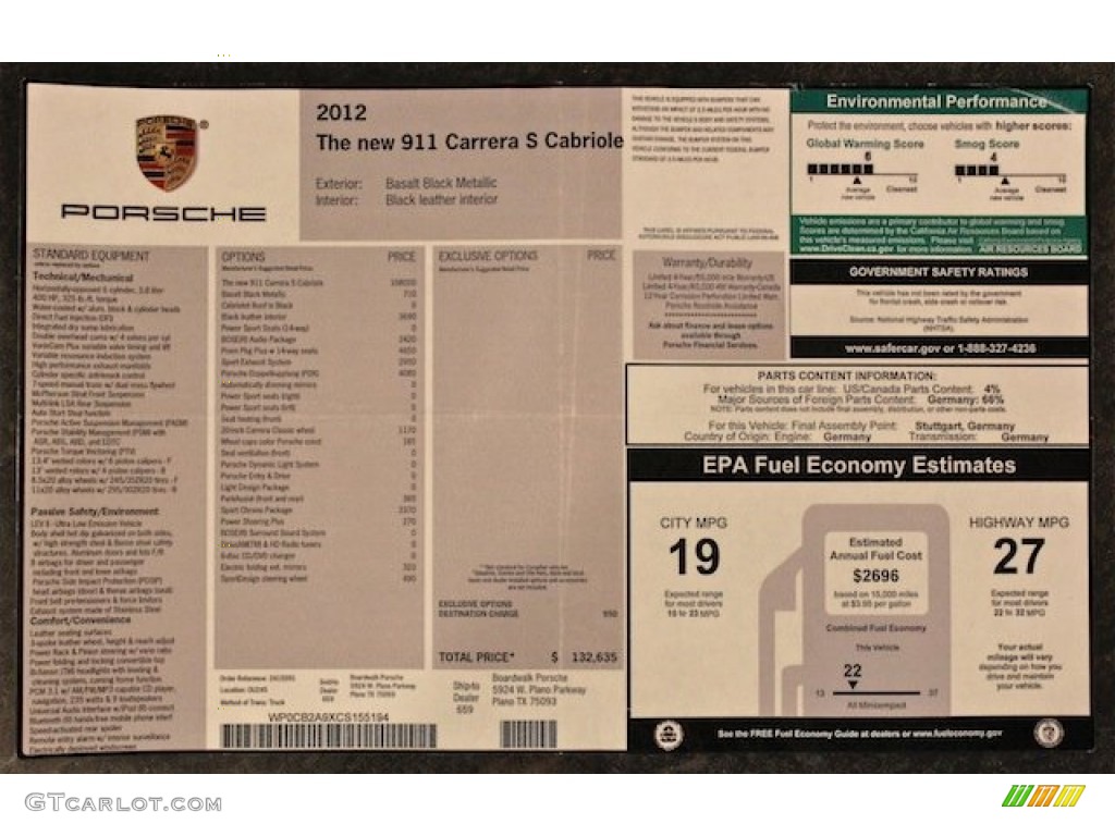 2012 Porsche New 911 Carrera S Cabriolet Window Sticker Photo #81838953