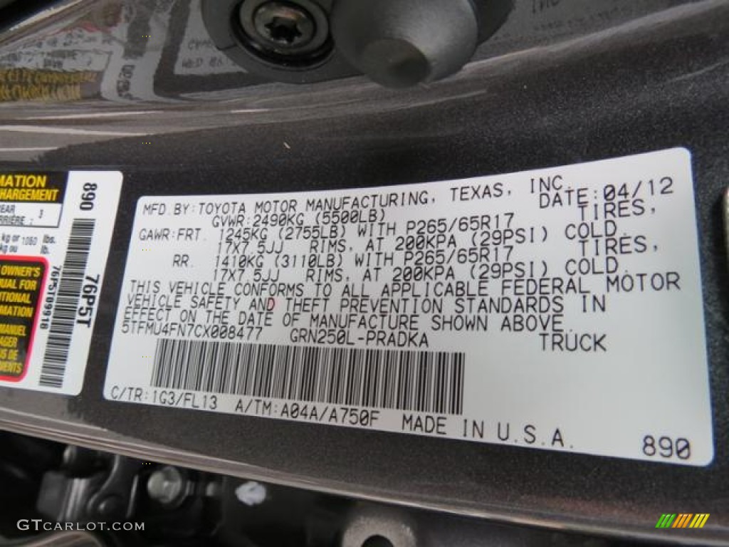 2012 Toyota Tacoma V6 Double Cab 4x4 Color Code Photos