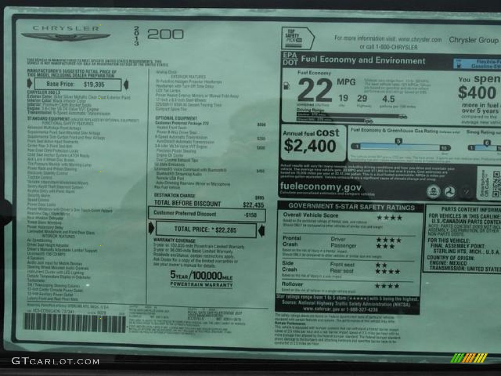 2013 Chrysler 200 LX Sedan Window Sticker Photo #81875935