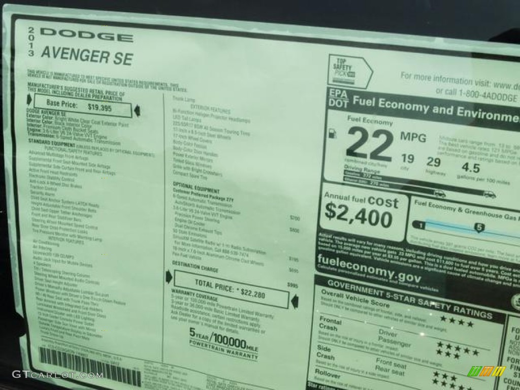 2013 Avenger SE V6 - New Bright White / Black photo #8