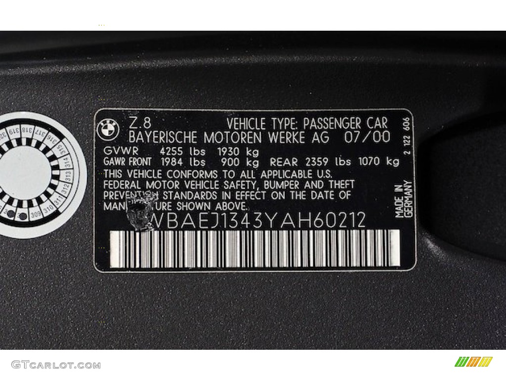 2000 BMW Z8 Roadster Info Tag Photos