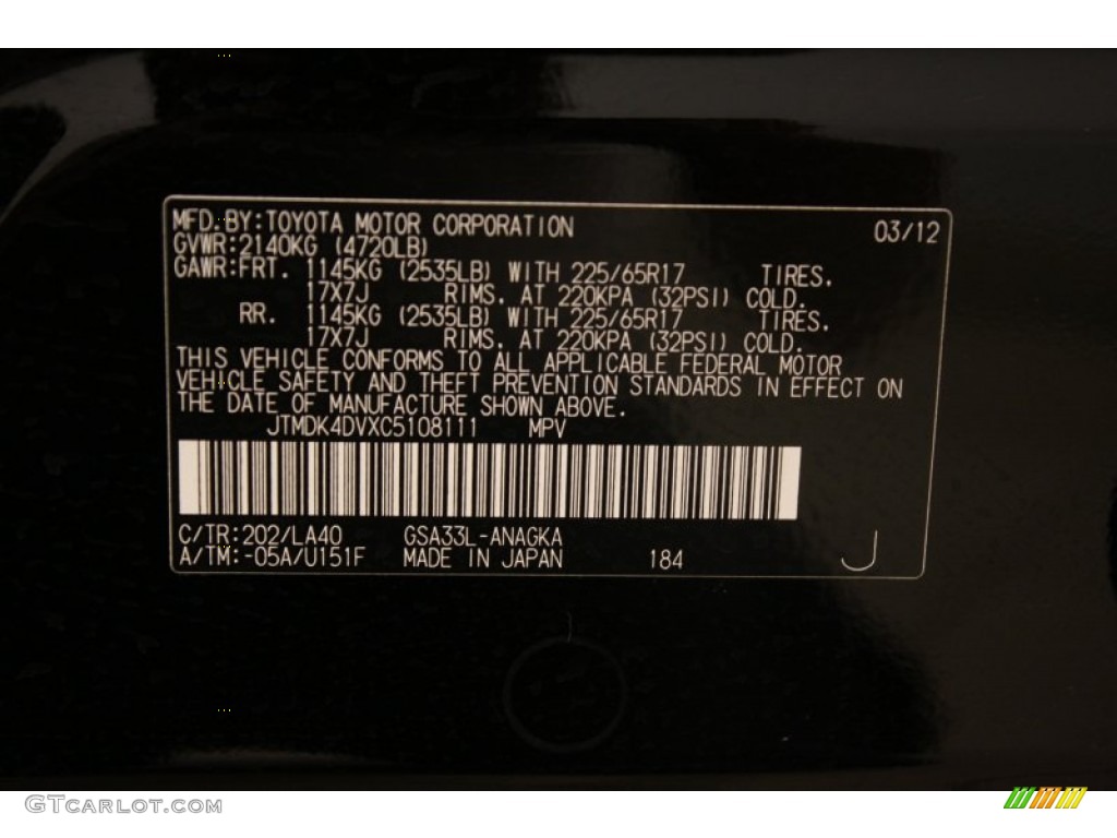 2012 Toyota RAV4 V6 Limited 4WD Color Code Photos
