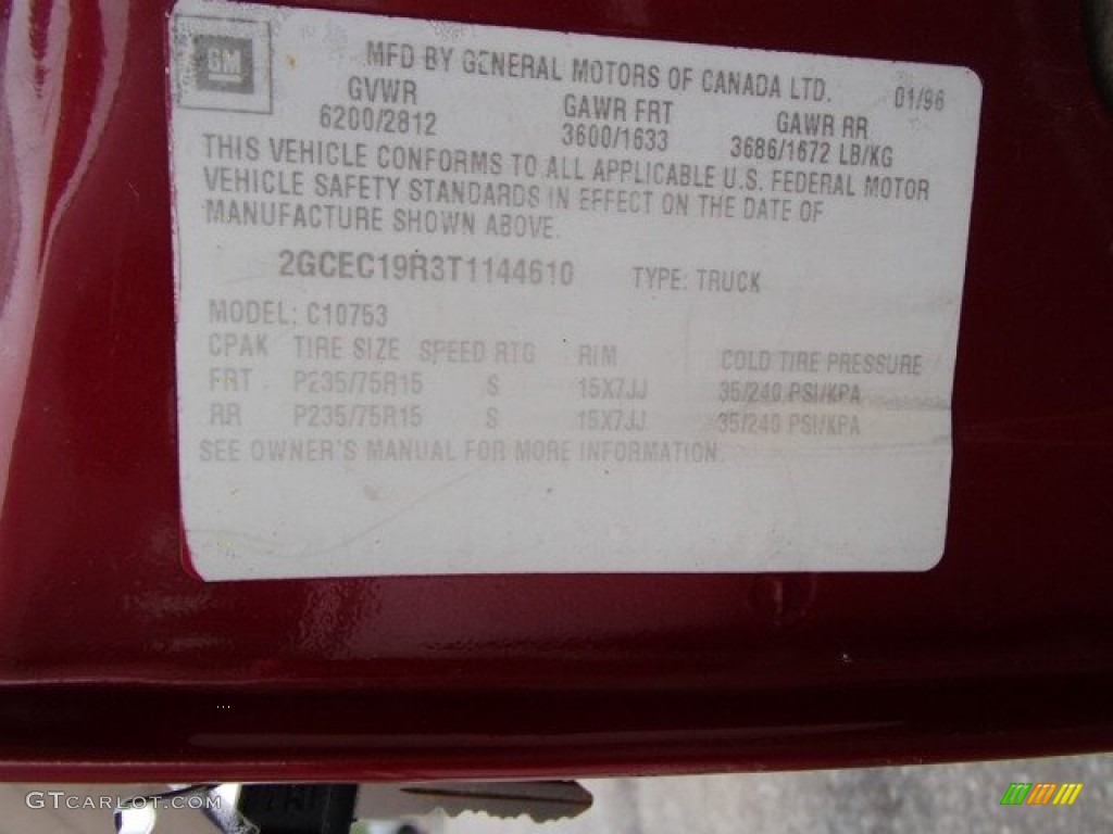 1996 Chevrolet C/K C1500 Extended Cab Info Tag Photo #81995109