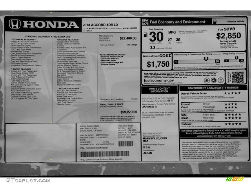 2013 Honda Accord LX Sedan Window Sticker Photo #82050261