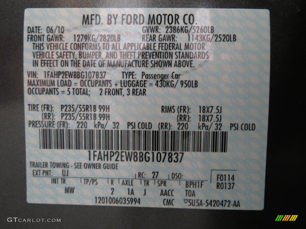 2011 Taurus Color Code UJ for Sterling Grey Photo #82075494