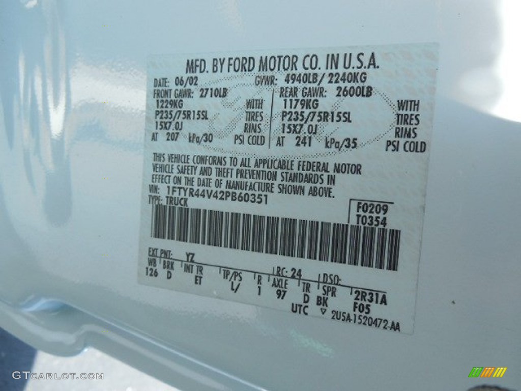 2002 Ranger Color Code YZ for Oxford White Photo #82078985