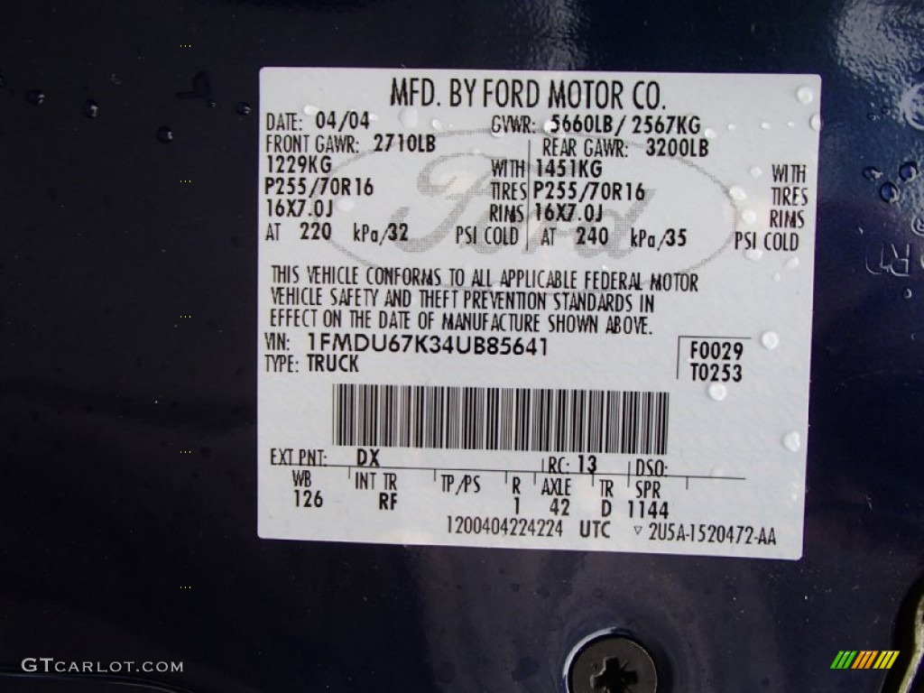 2004 Explorer Sport Trac Color Code DX for Dark Blue Pearl Metallic Photo #82100404