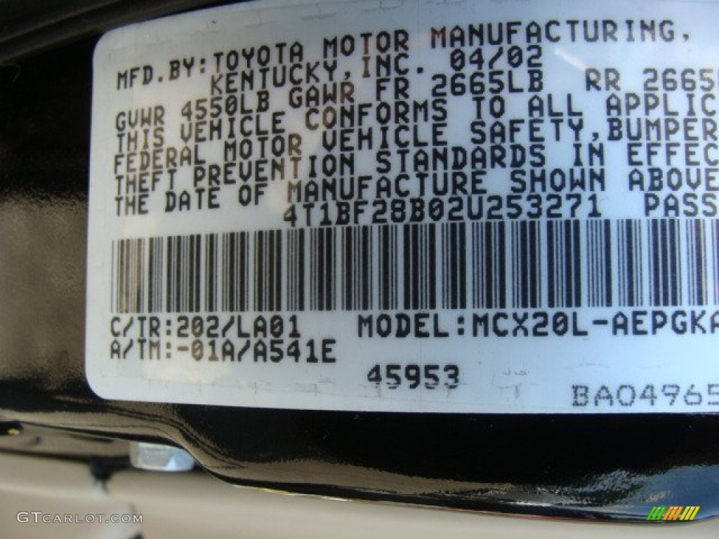 2002 Toyota Avalon XLS Color Code Photos
