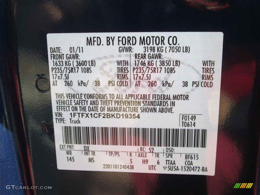 2011 Ford F150 XLT SuperCab Color Code Photos