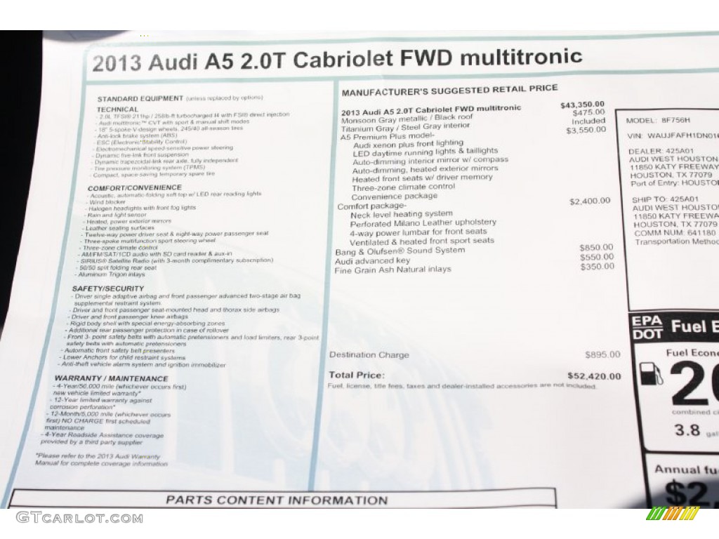 2013 Audi A5 2.0T Cabriolet Window Sticker Photos
