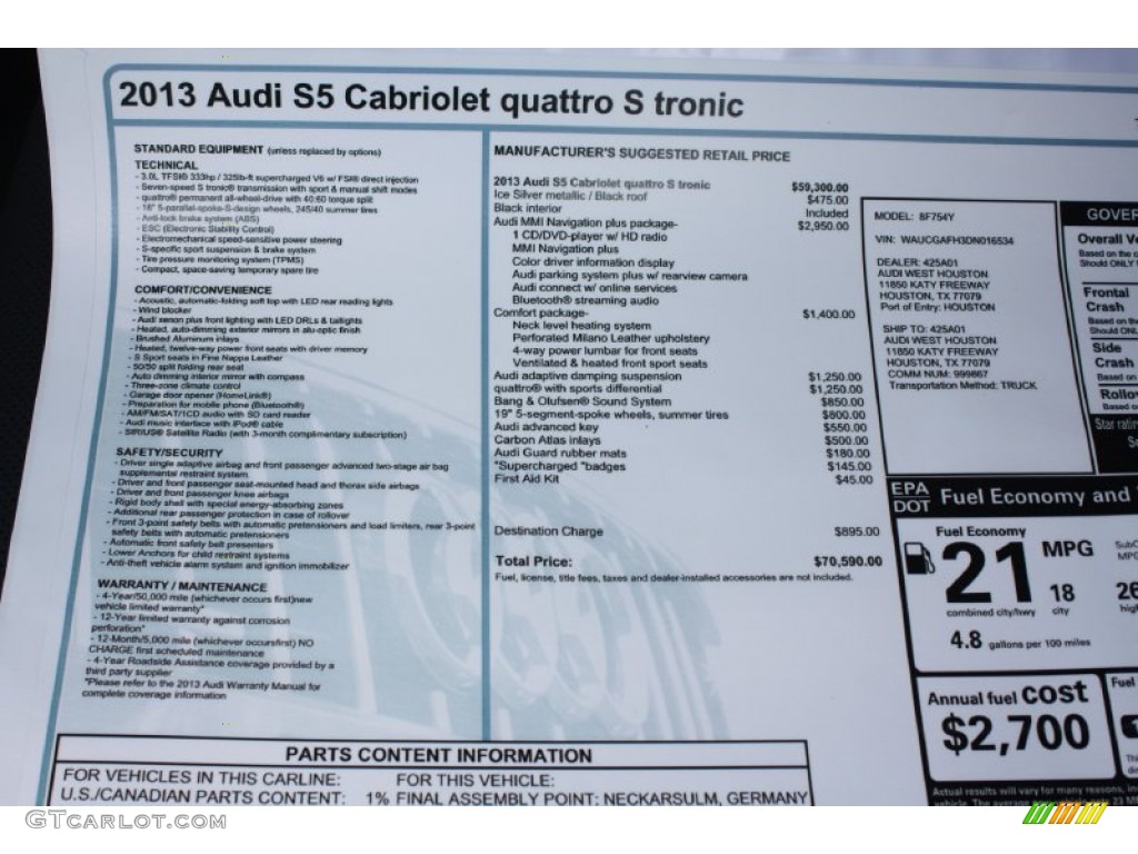 2013 Audi S5 3.0 TFSI quattro Convertible Window Sticker Photos