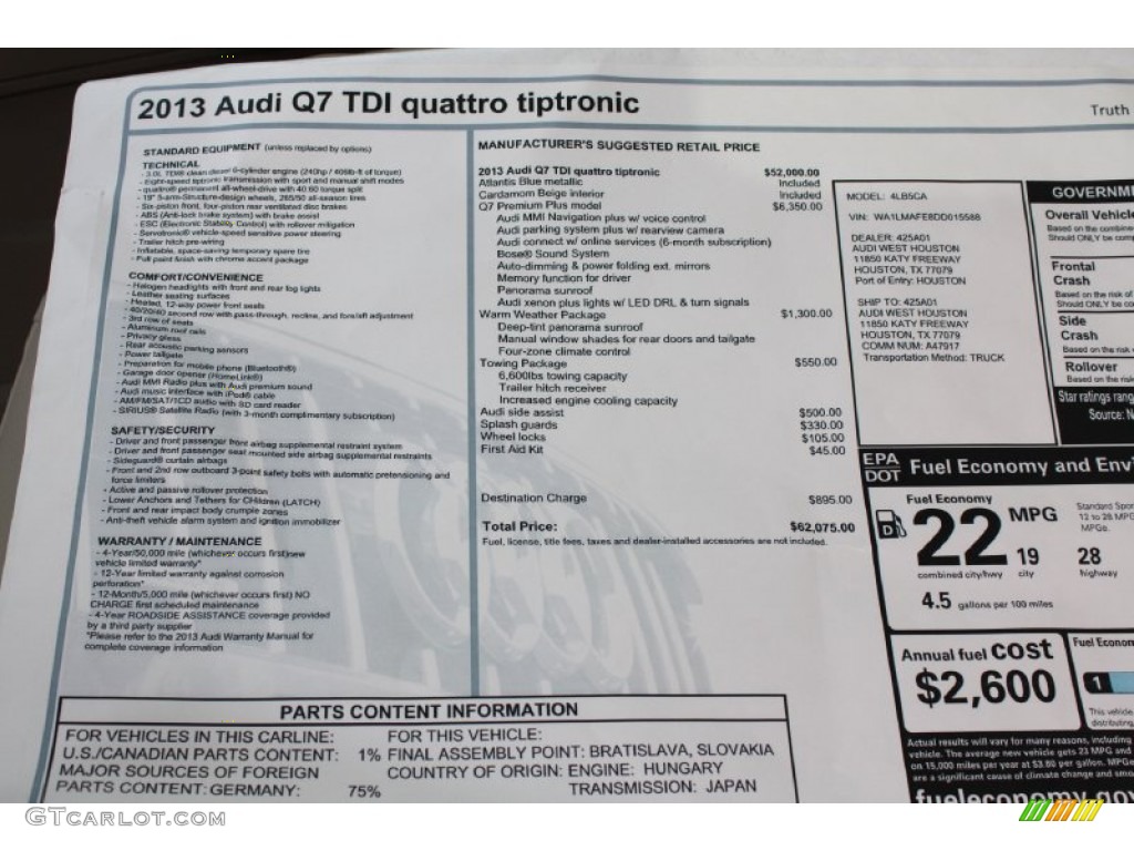 2013 Audi Q7 3.0 TDI quattro Window Sticker Photo #82128818