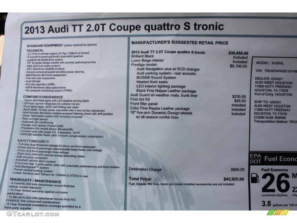 2013 Audi TT 2.0T quattro Coupe Window Sticker Photo #82137540