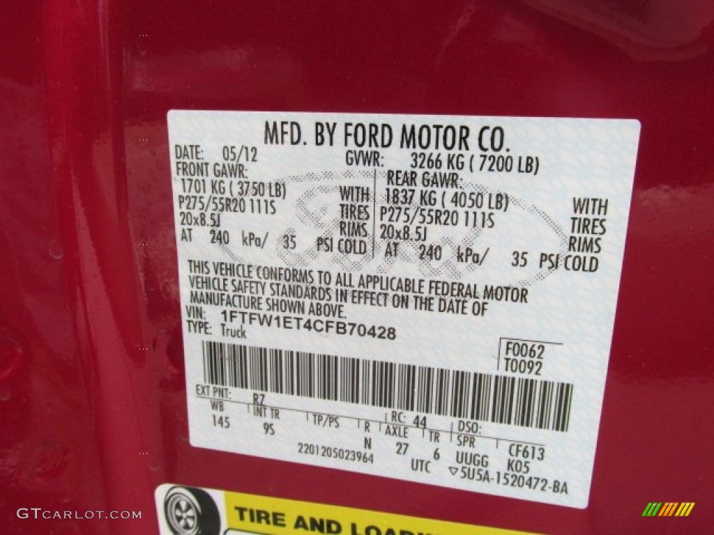 2012 F150 Color Code RZ for Red Candy Metallic Photo #82144755