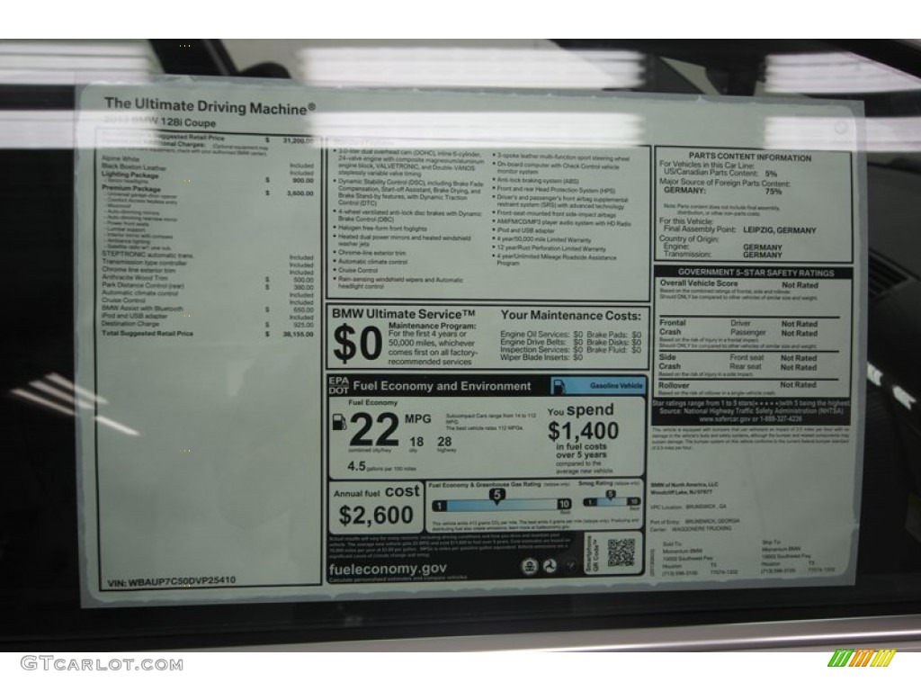 2013 1 Series 128i Coupe - Alpine White / Black photo #26
