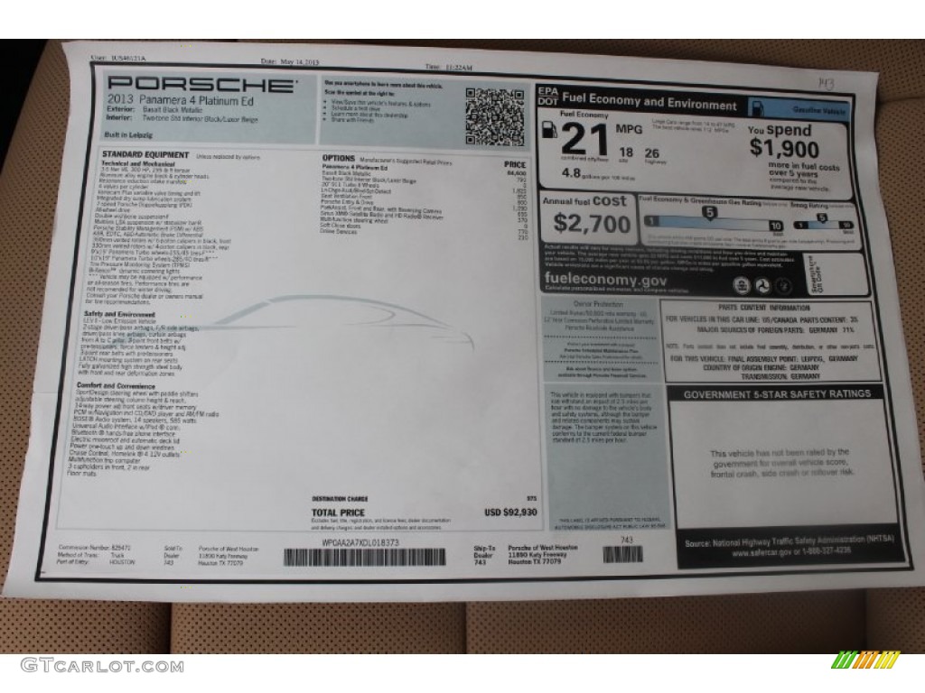 2013 Porsche Panamera 4 Platinum Edition Window Sticker Photo #82165406