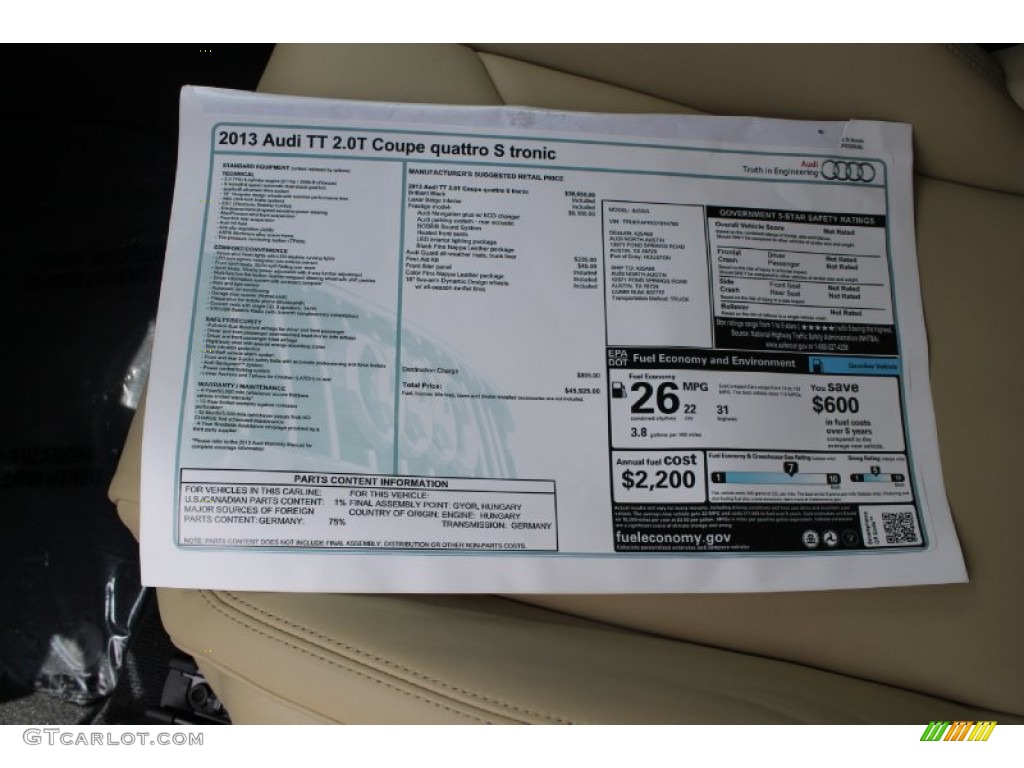 2013 Audi TT 2.0T quattro Coupe Window Sticker Photo #82167492