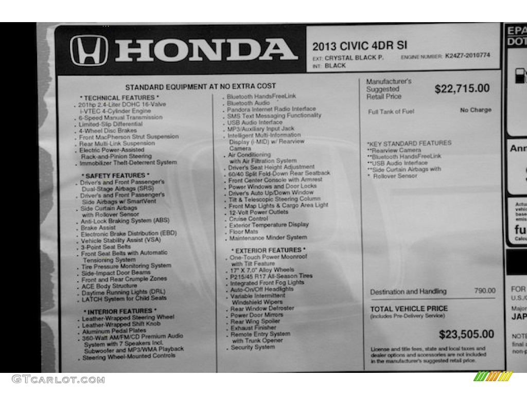 2013 Honda Civic Si Sedan Window Sticker Photo #82214946
