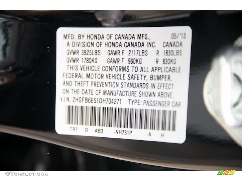 2013 Civic Color Code NH731P for Crystal Black Pearl Photo #82214952