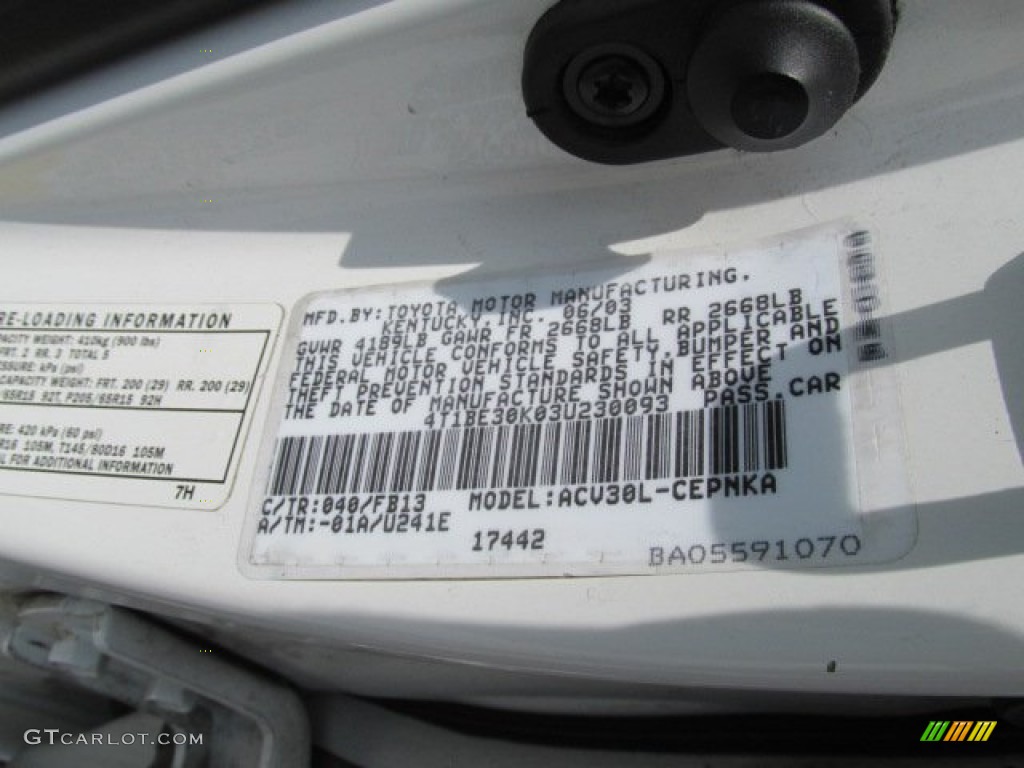 2003 Camry Color Code 040 for Super White Photo #82238238