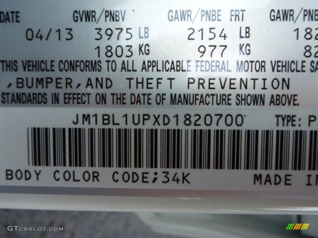 2013 MAZDA3 Color Code 34K for Crystal White Pearl Mica Photo #82278316
