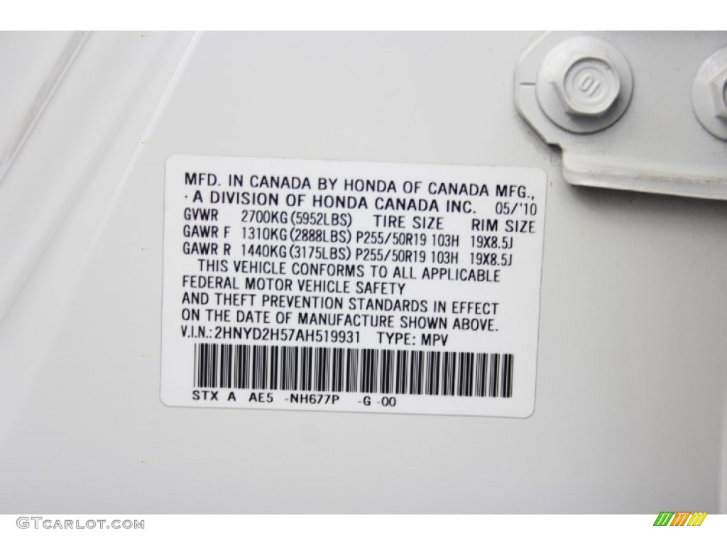 2010 MDX Color Code NH677P for Aspen White Pearl Photo #82290039