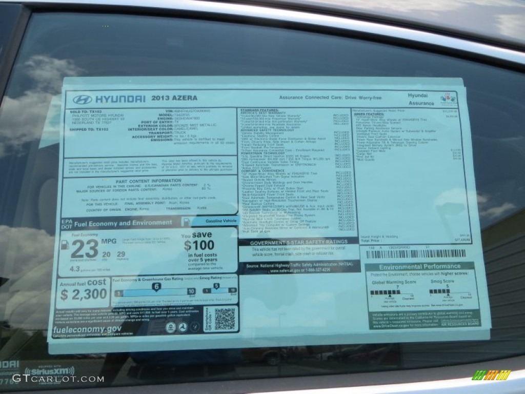 2013 Hyundai Azera Standard Azera Model Window Sticker Photos