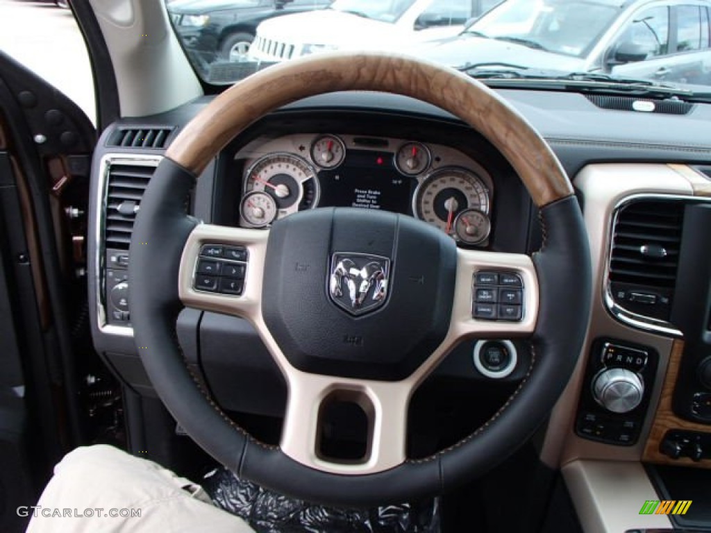 2013 Ram 1500 Laramie Longhorn Crew Cab 4x4 Longhorn Black/Cattle Tan Steering Wheel Photo #82298033