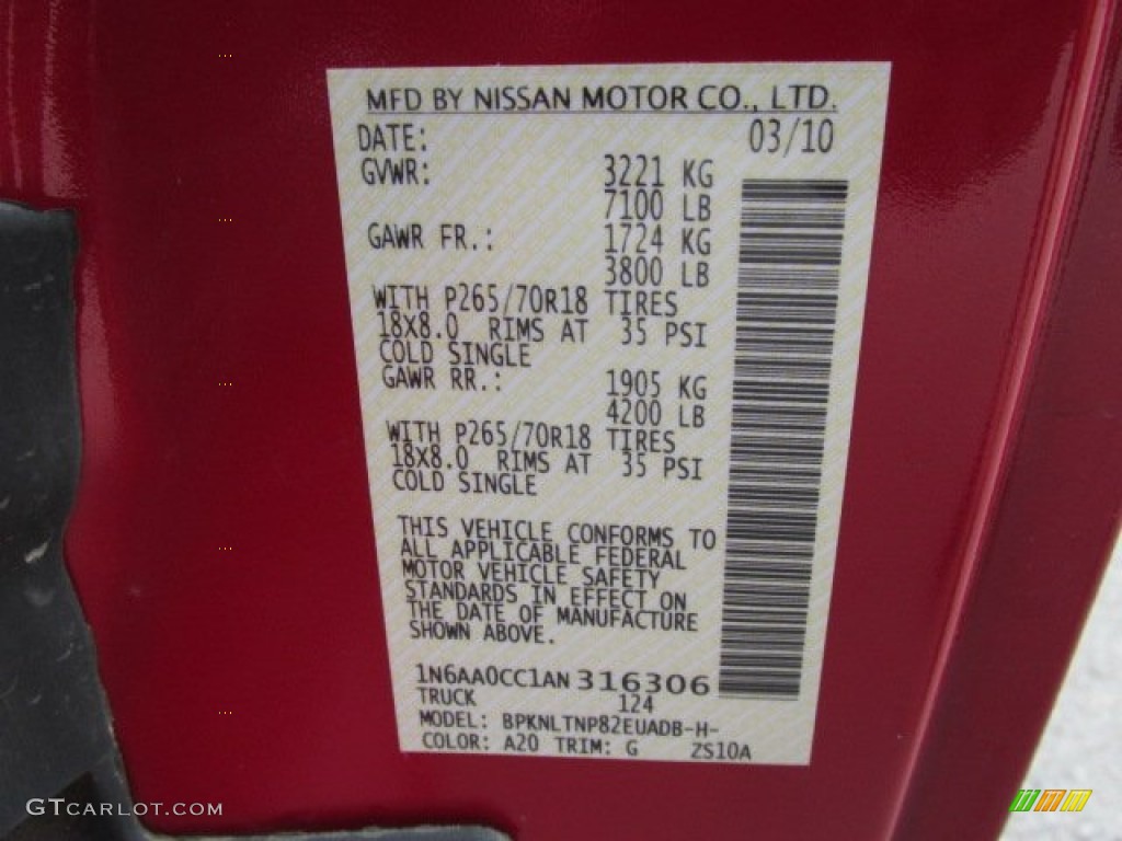 2010 Titan Color Code A20 for Red Alert Photo #82301767