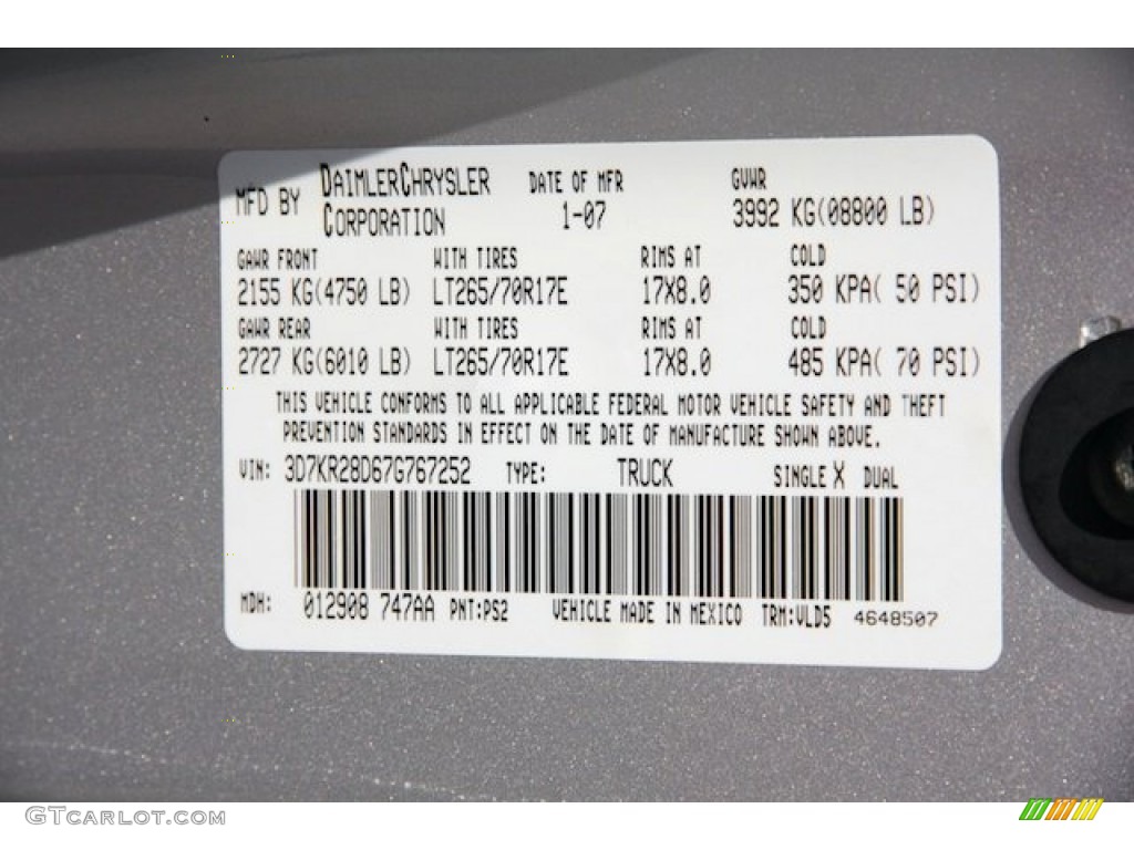 2007 Ram 2500 Color Code PS2 for Bright Silver Metallic Photo #82322540