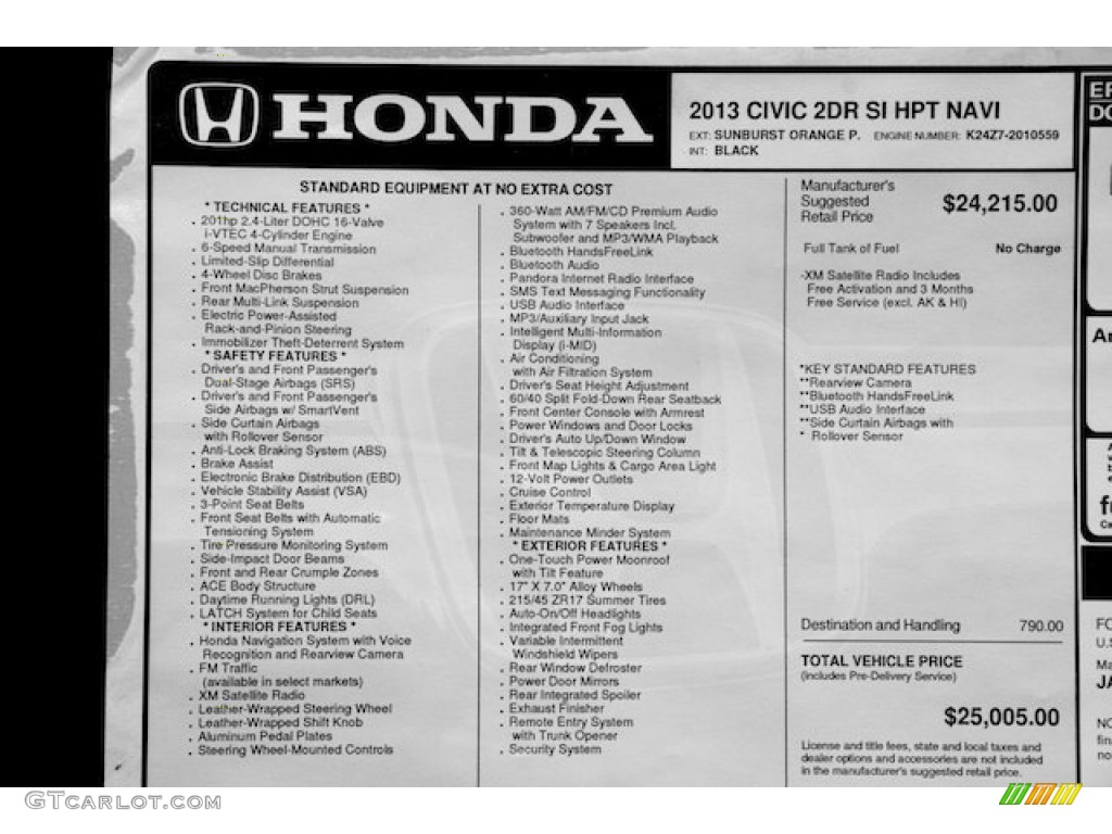 2013 Honda Civic Si Coupe Window Sticker Photo #82421674
