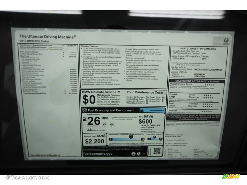 2013 BMW 3 Series 328i Sedan Window Sticker Photo #82424109
