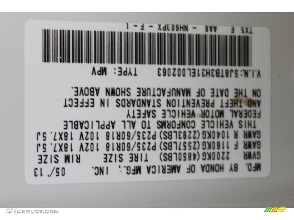 2014 RDX Color Code NH603PX for White Diamond Pearl Photo #82444686