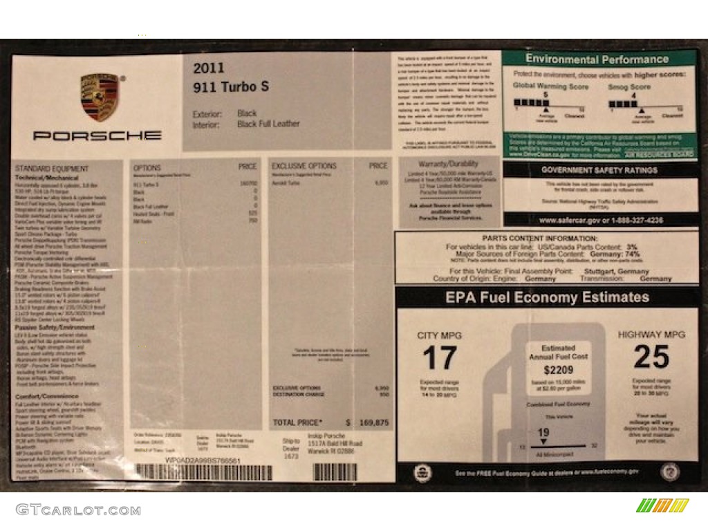 2011 Porsche 911 Turbo S Coupe Window Sticker Photo #82451710