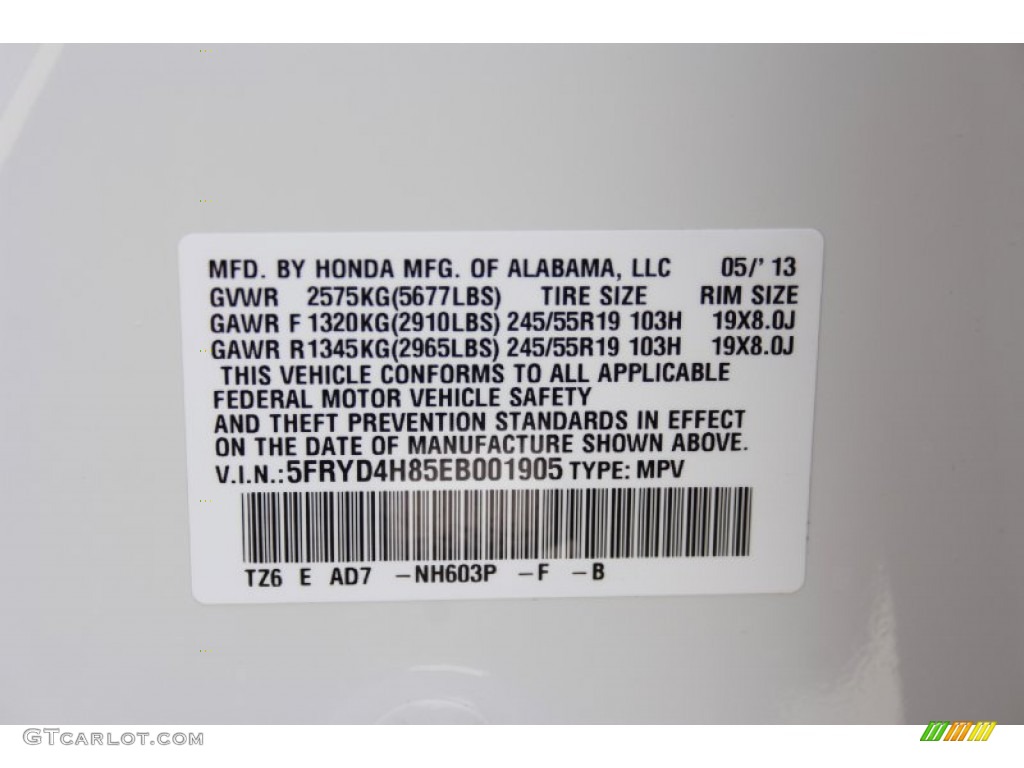 2014 MDX Color Code NH603P for White Diamond Pearl Photo #82452188