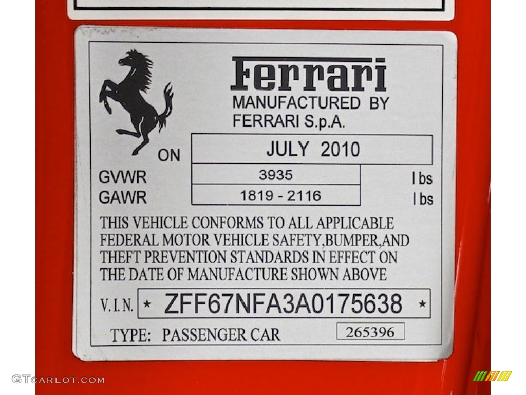 2010 Ferrari 458 Italia Info Tag Photo #82453030