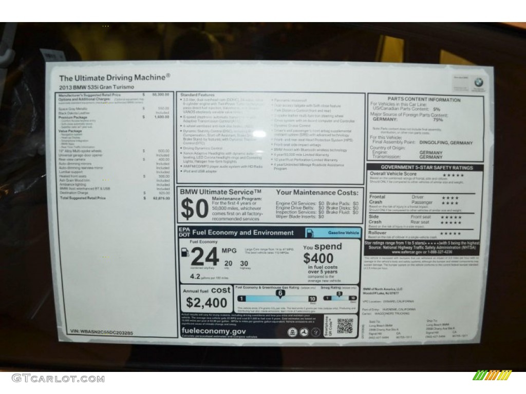 2013 BMW 5 Series 535i Gran Turismo Window Sticker Photo #82468805