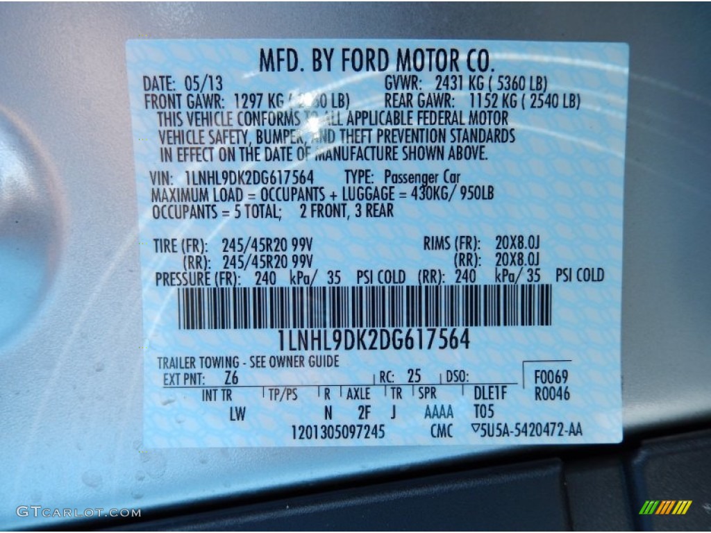 2013 Lincoln MKS FWD Color Code Photos