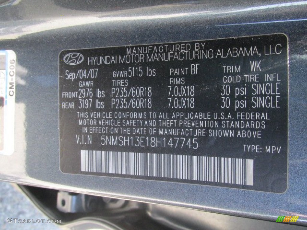 2008 Hyundai Santa Fe Limited Color Code Photos