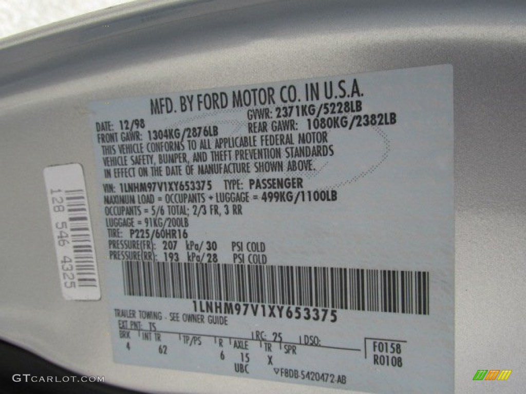 1999 Lincoln Continental Standard Continental Model Color Code Photos