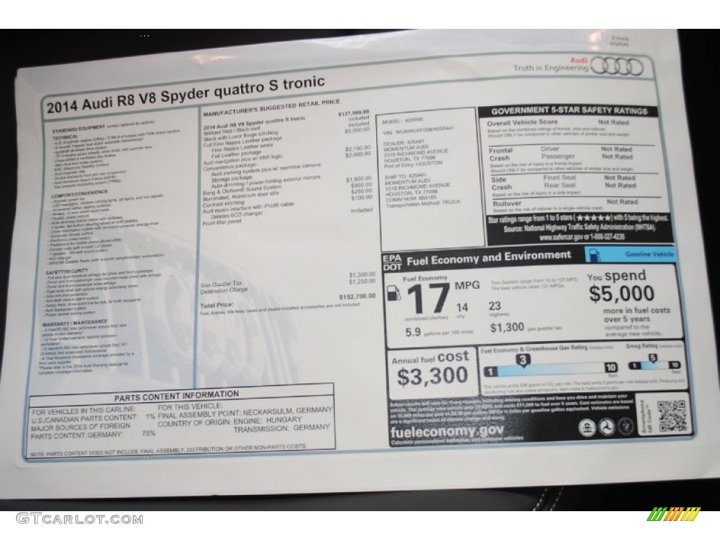 2014 Audi R8 Spyder V8 Window Sticker Photo #82568464